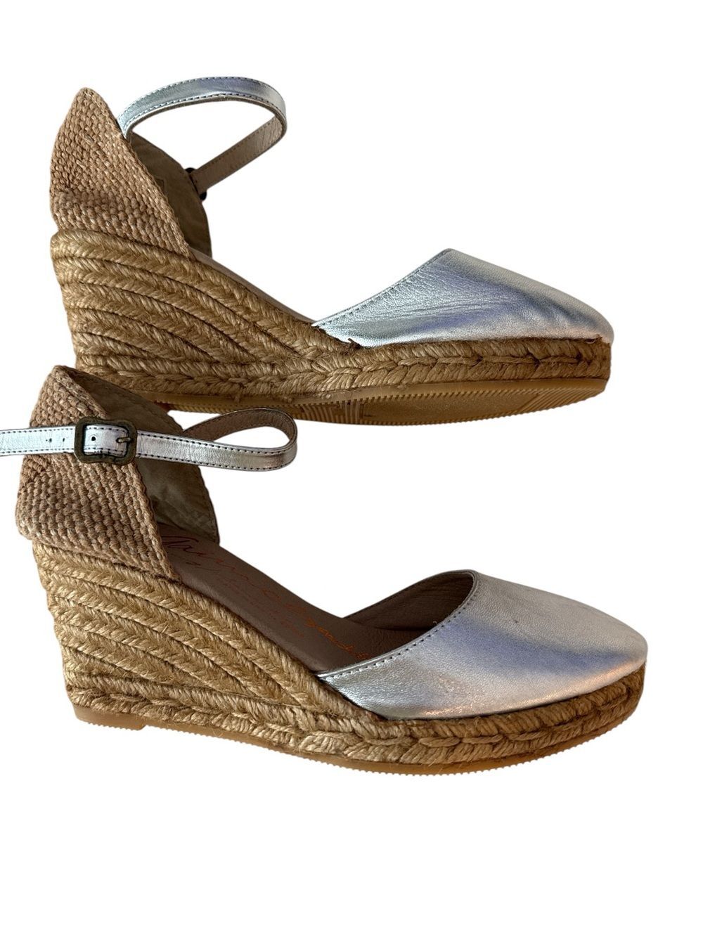 Gaimo Metallic Leather Wedge Espadrilles Silver Size 38